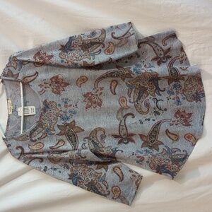 Indigo Soul | Knit Printed Tunic Denim Blue Heather Paisley Curved Hem | 2X